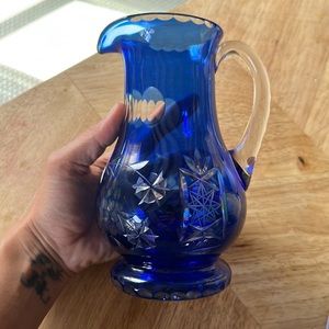 Vintage Cut to Clear Blue Glass Pitcher
